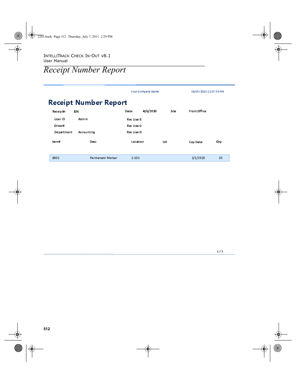 Receipt number report | IntelliTrack Check In/Out User Manual | Page 542 / 564