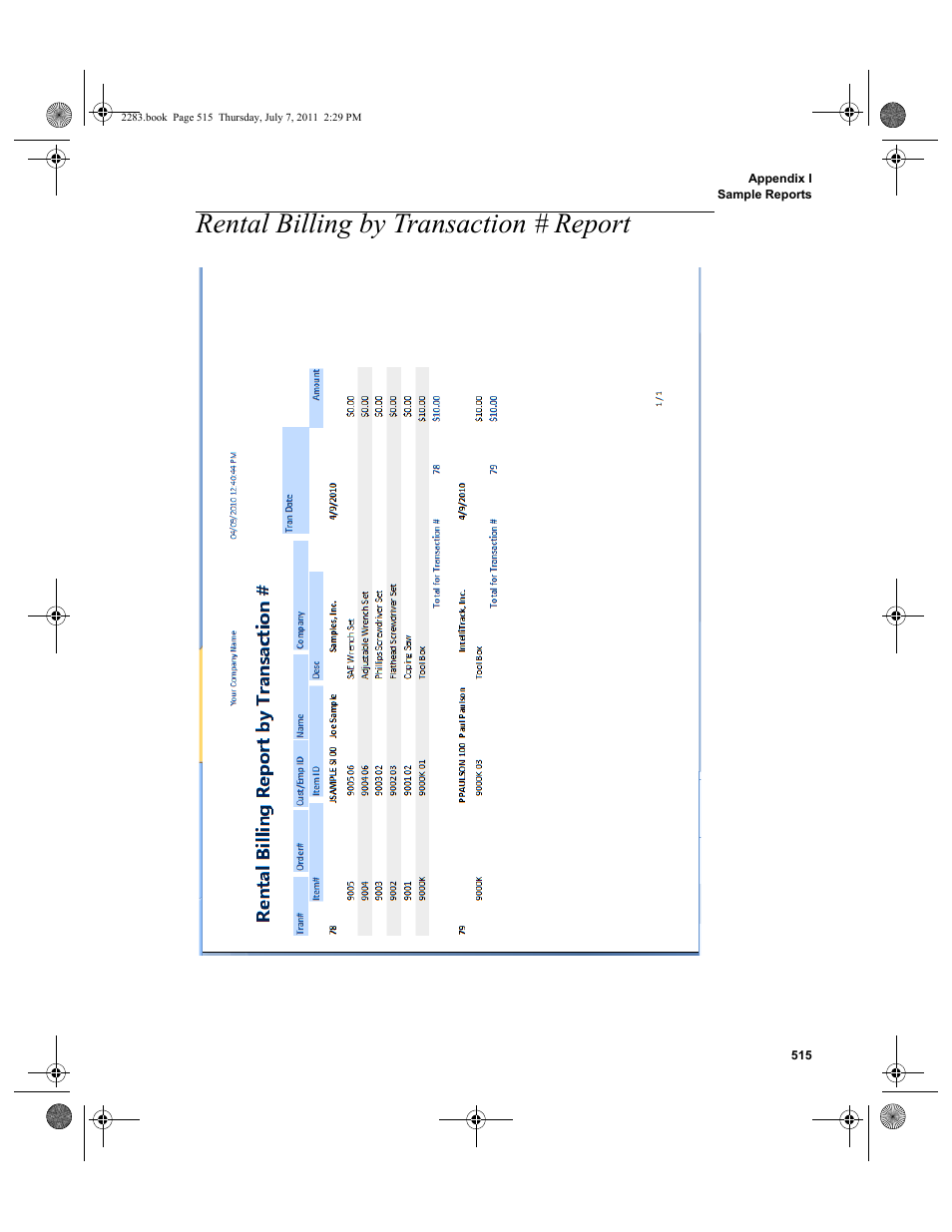 Rental billing by transaction # report | IntelliTrack Check In/Out User Manual | Page 545 / 564