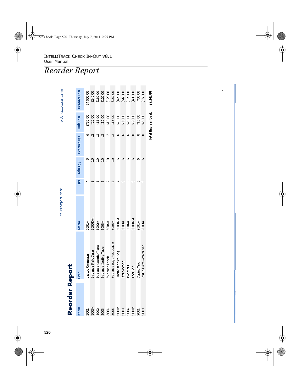 Reorder report | IntelliTrack Check In/Out User Manual | Page 550 / 564