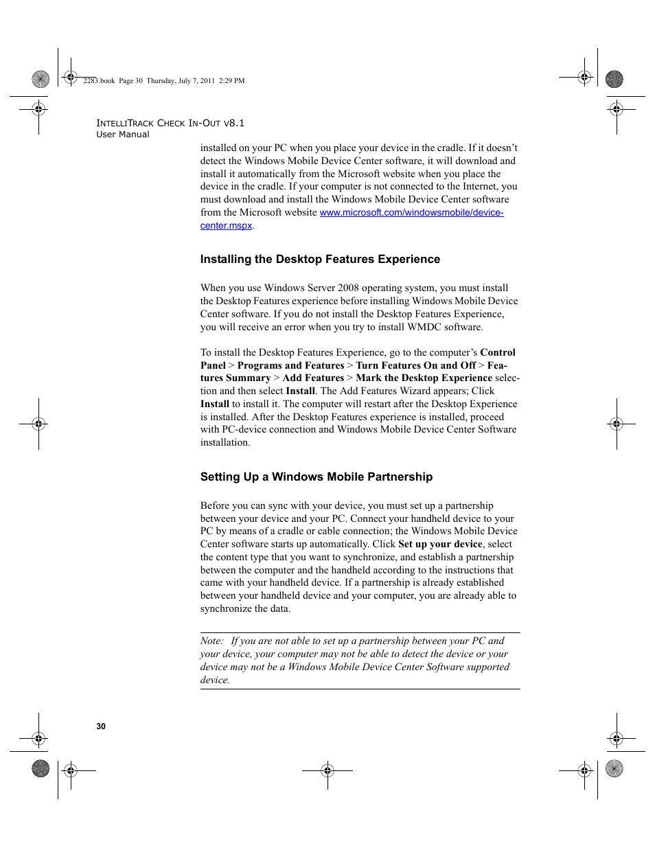 Setting up, Installing, Setting up a | Installing the desktop features experience” on, Installing the desktop features experience, Setting up a windows mobile partnership | IntelliTrack Check In/Out User Manual | Page 60 / 564