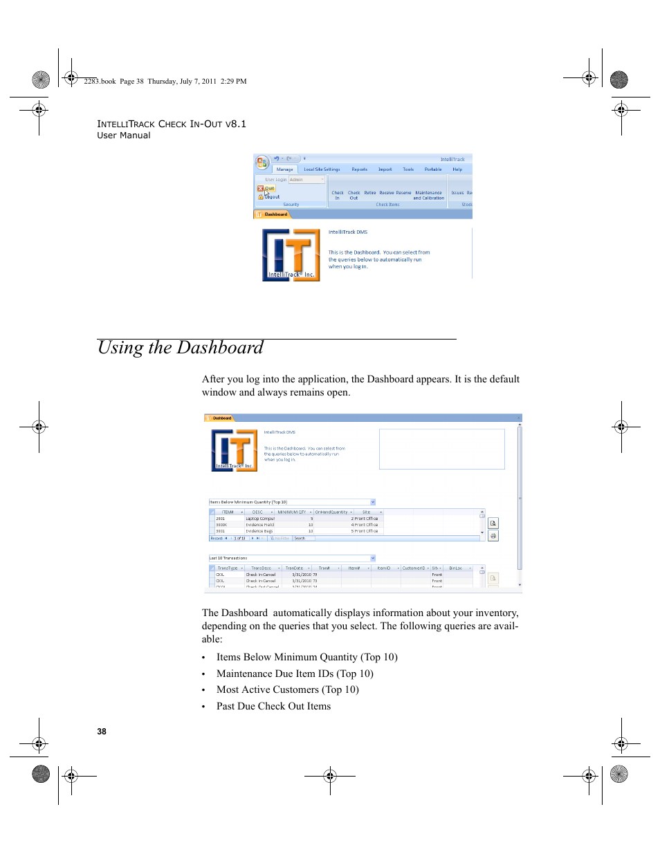 Using the dashboard | IntelliTrack Check In/Out User Manual | Page 68 / 564