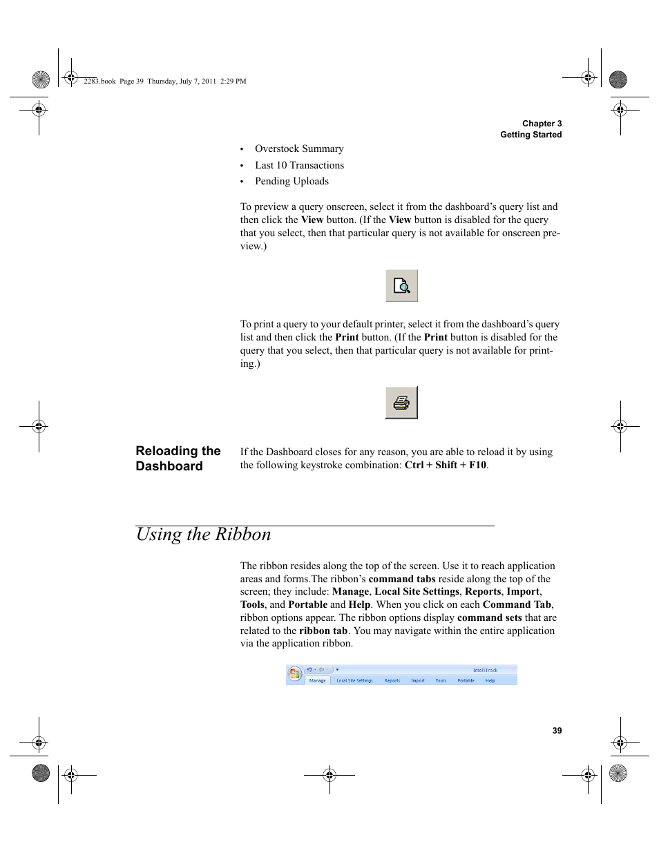 Reloading the dashboard, Using the ribbon | IntelliTrack Check In/Out User Manual | Page 69 / 564