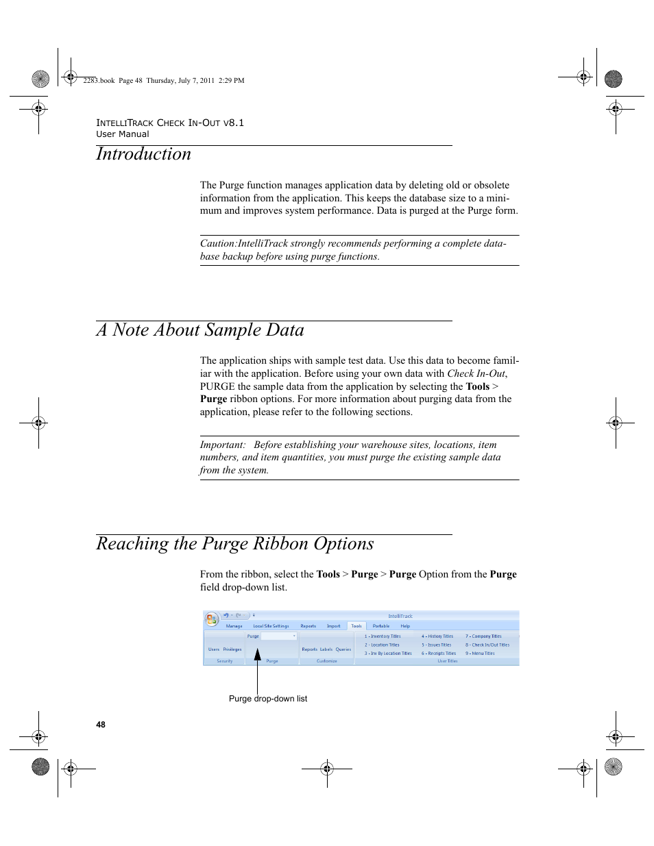 Introduction, A note about sample data, Reaching the purge ribbon options | IntelliTrack Check In/Out User Manual | Page 78 / 564