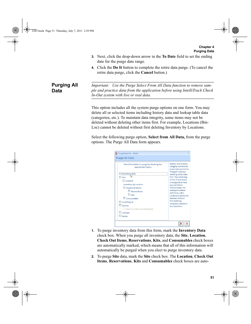 Purging all data, Data: please see | IntelliTrack Check In/Out User Manual | Page 81 / 564