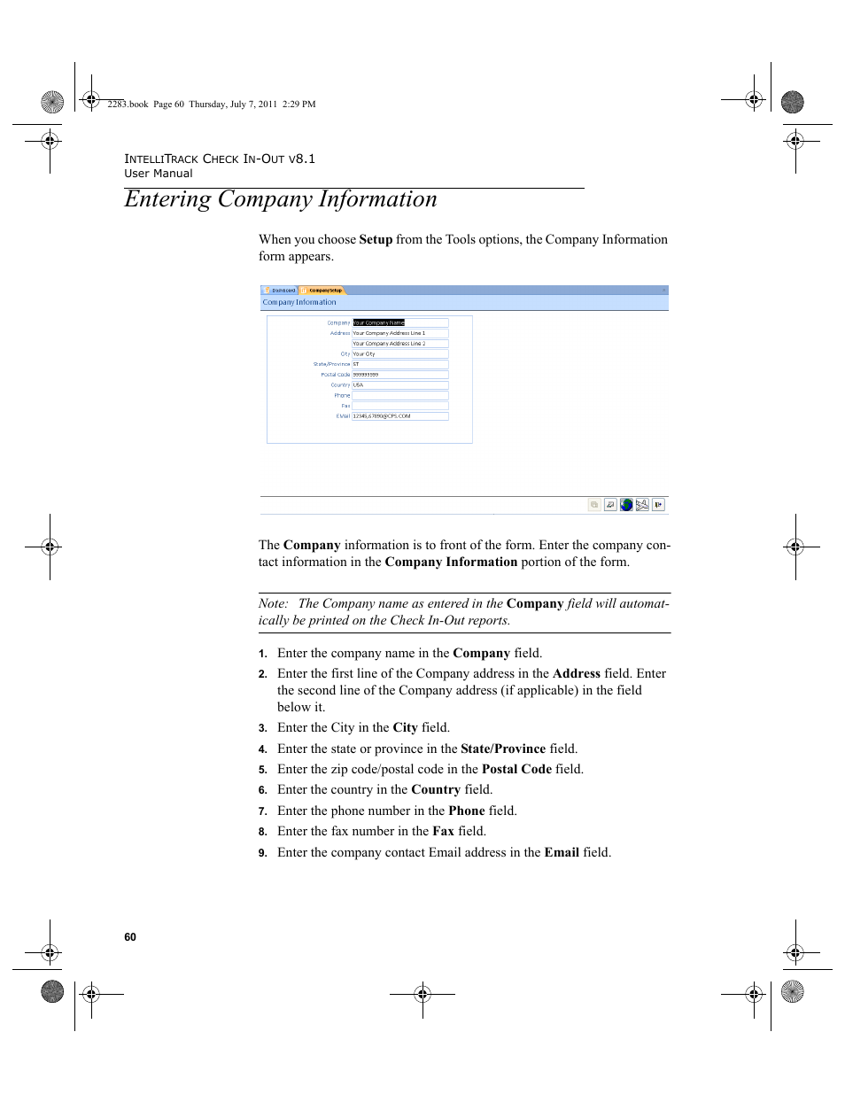 Entering company information | IntelliTrack Check In/Out User Manual | Page 90 / 564