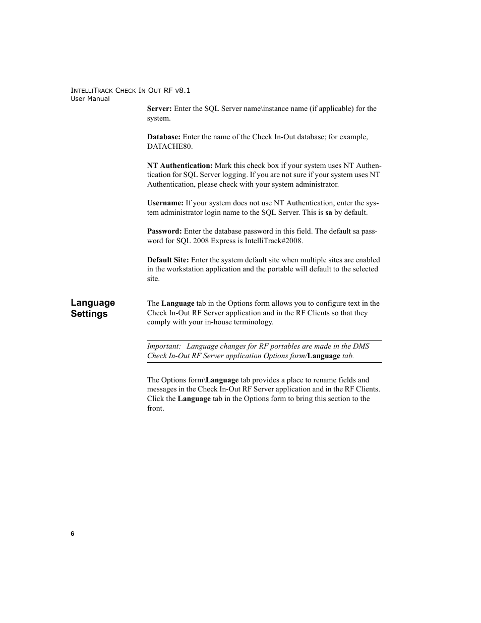 Language settings, Language settings 6 | IntelliTrack Check In/Out User Manual | Page 16 / 102