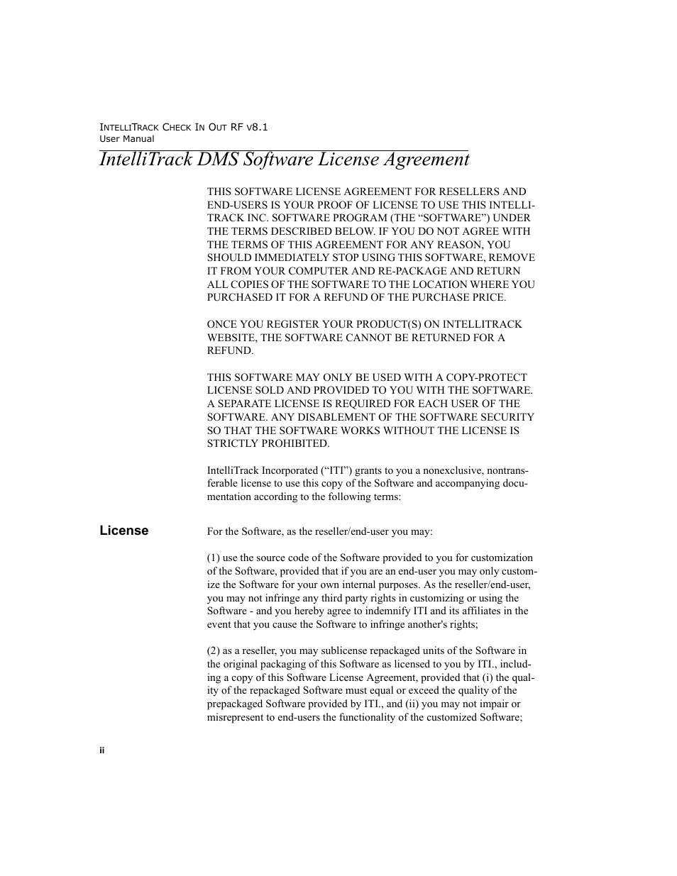 Intellitrack dms software license agreement, License | IntelliTrack Check In/Out User Manual | Page 2 / 102