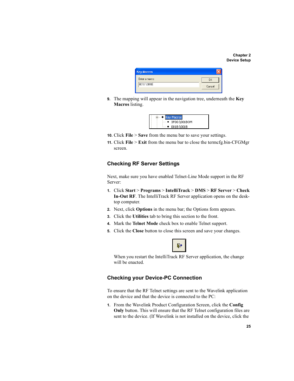 Checking rf server settings, Checking your device-pc connection | IntelliTrack Check In/Out User Manual | Page 35 / 102