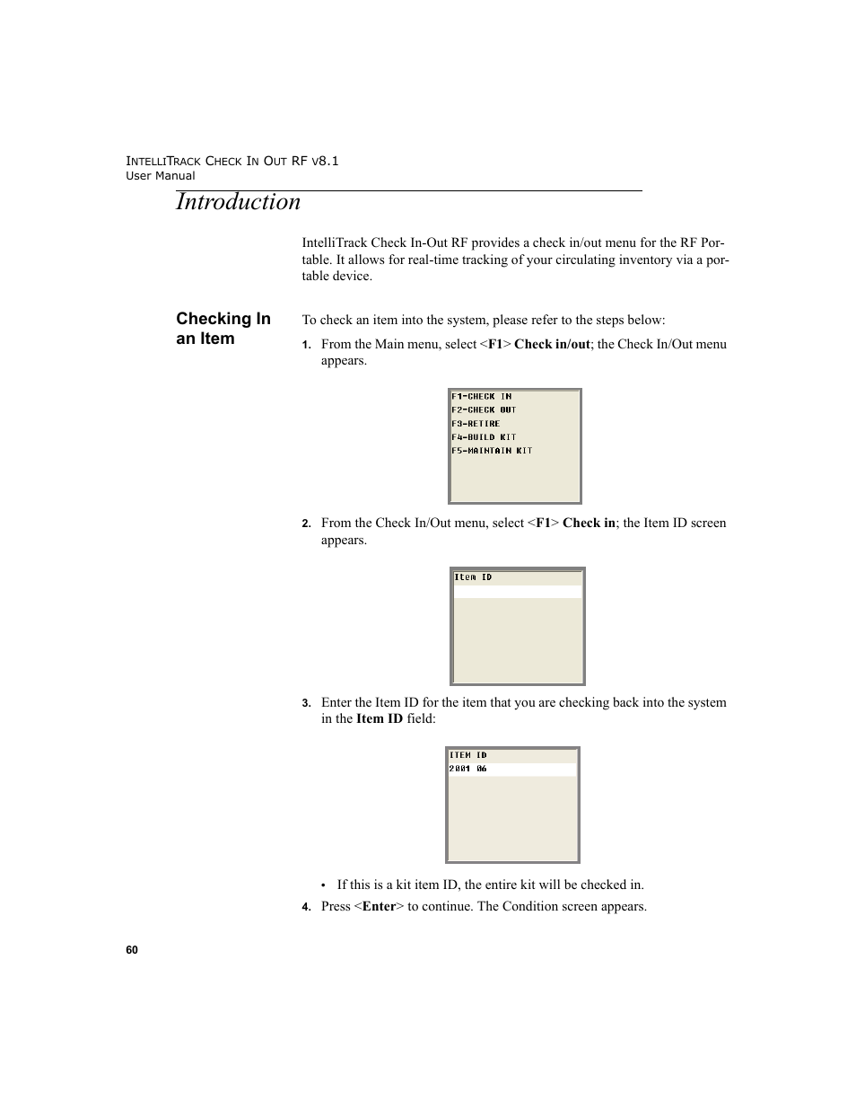Introduction, Checking in an item, Introduction 60 | Checking in an item 60 | IntelliTrack Check In/Out User Manual | Page 70 / 102
