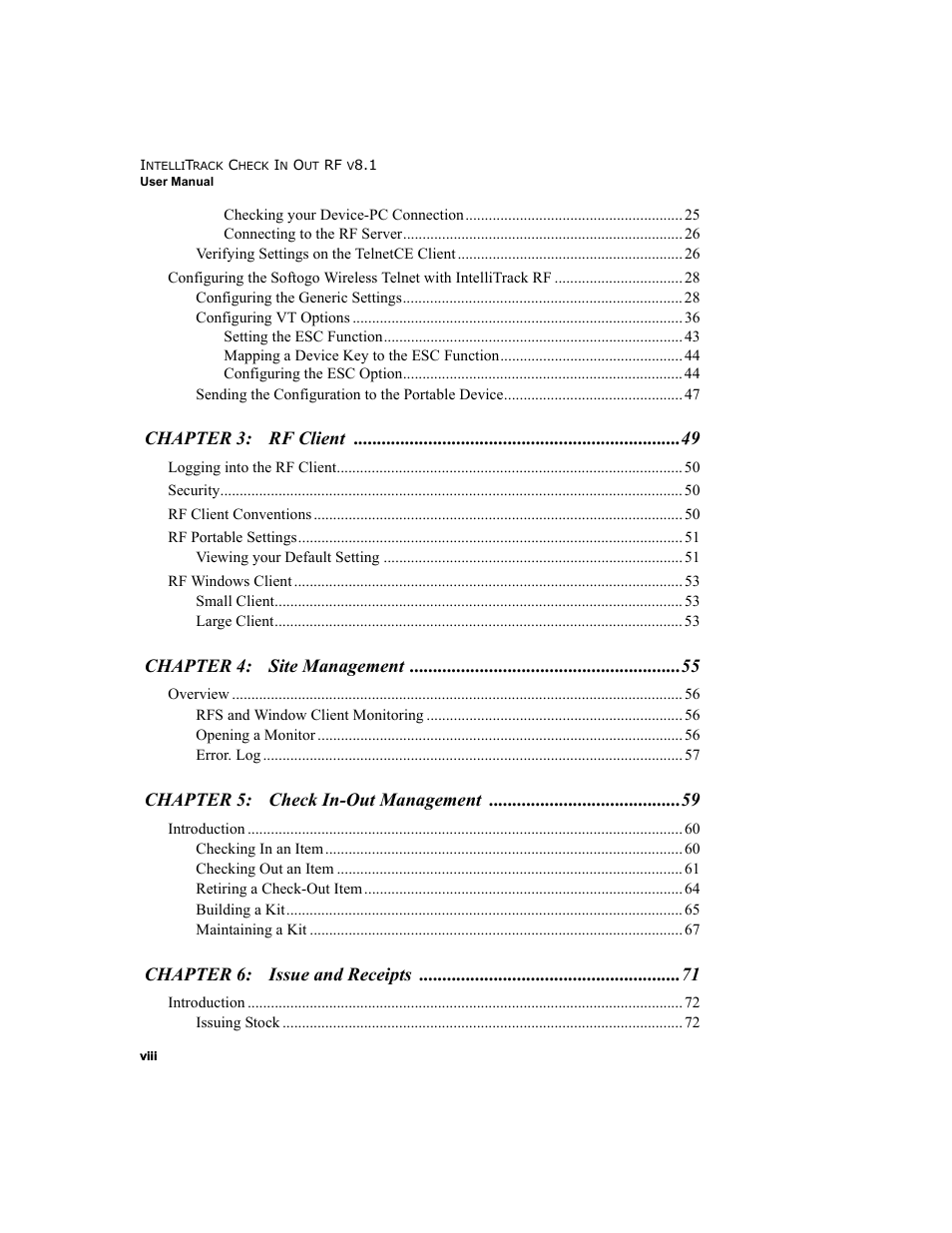 Chapter 3: rf client, Chapter 4: site management, Chapter 5: check in-out management | Chapter 6: issue and receipts | IntelliTrack Check In/Out User Manual | Page 8 / 102