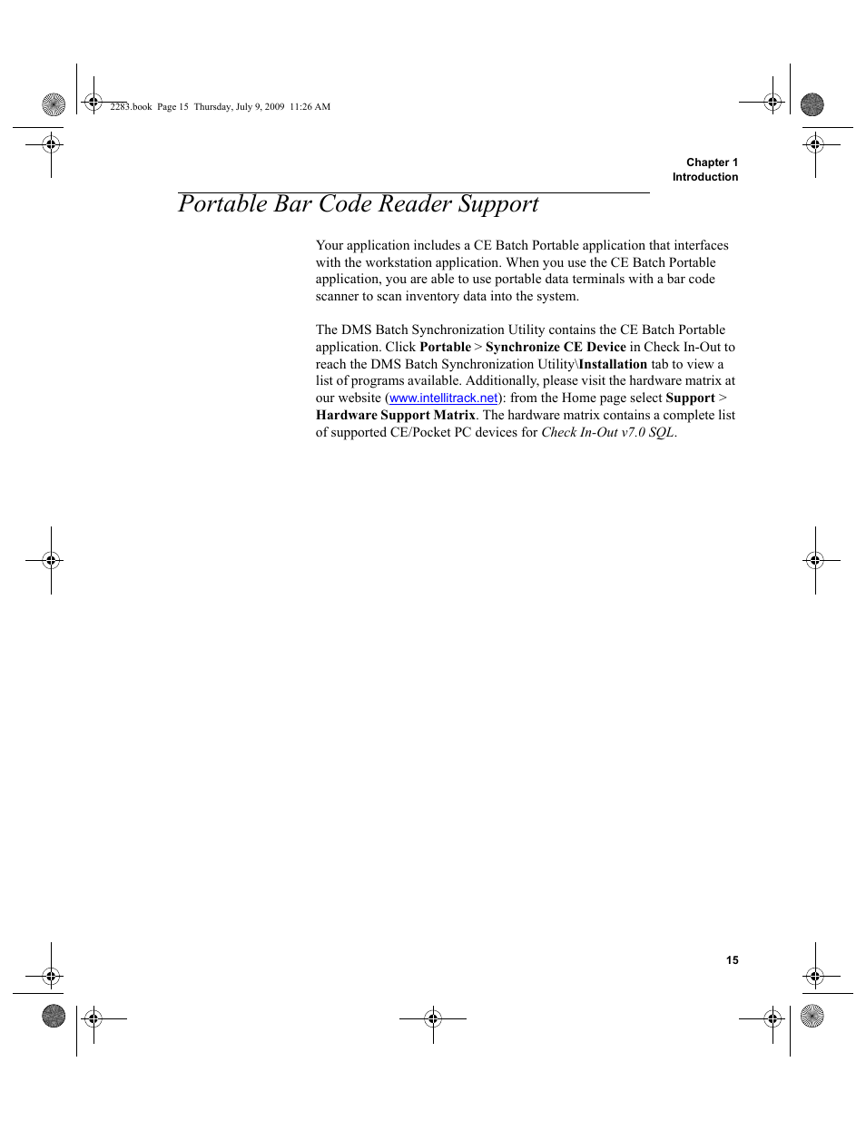 Portable bar code reader support, Portable bar code reader support 15 | IntelliTrack Check In/Out User Manual | Page 43 / 474