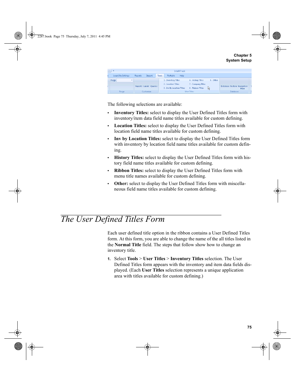 The user defined titles form | IntelliTrack Inventory Management User Manual | Page 101 / 366