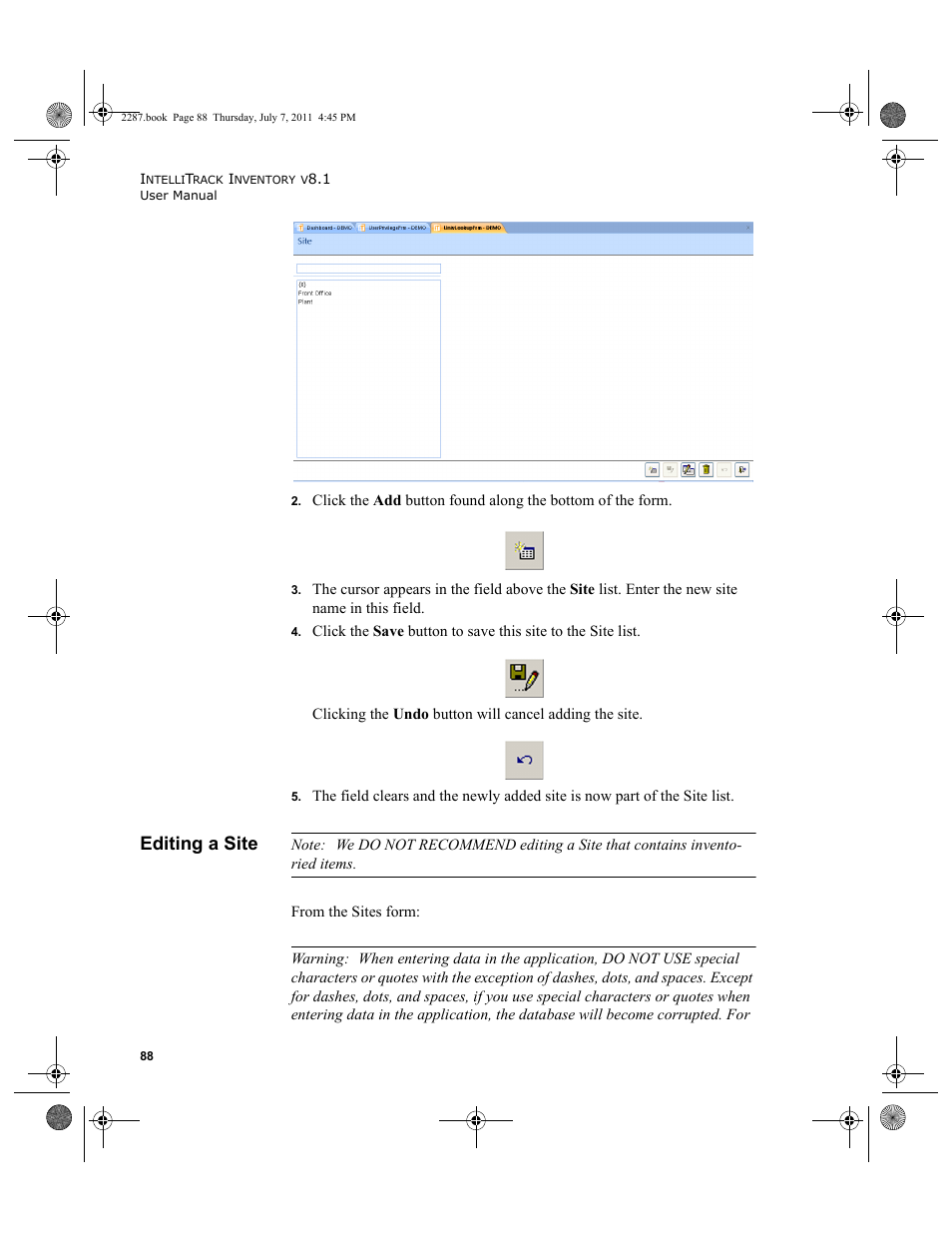 Editing a site | IntelliTrack Inventory Management User Manual | Page 114 / 366