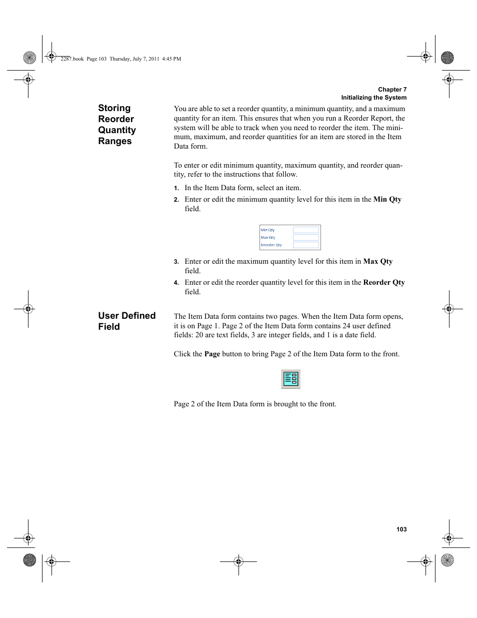 Storing reorder quantity ranges, User defined field, Storing reorder quantity ranges user defined field | IntelliTrack Inventory Management User Manual | Page 129 / 366