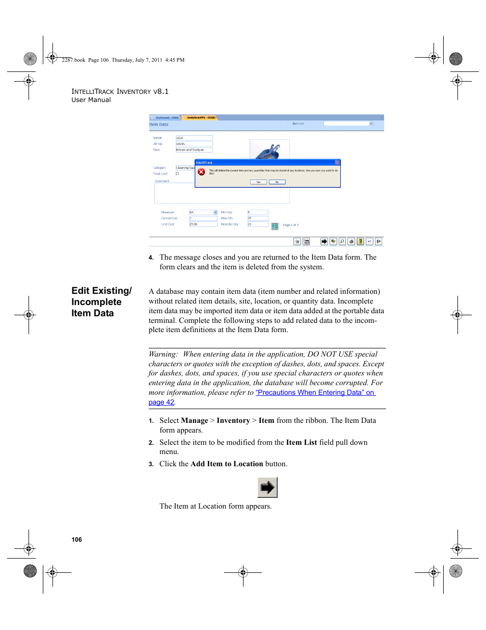 Edit existing/ incomplete item data, Edit existing/incomplete item data | IntelliTrack Inventory Management User Manual | Page 132 / 366
