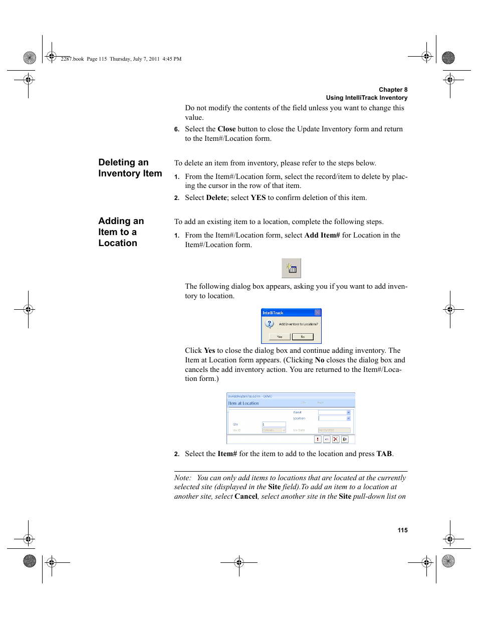 Deleting an inventory item, Adding an item to a location | IntelliTrack Inventory Management User Manual | Page 141 / 366