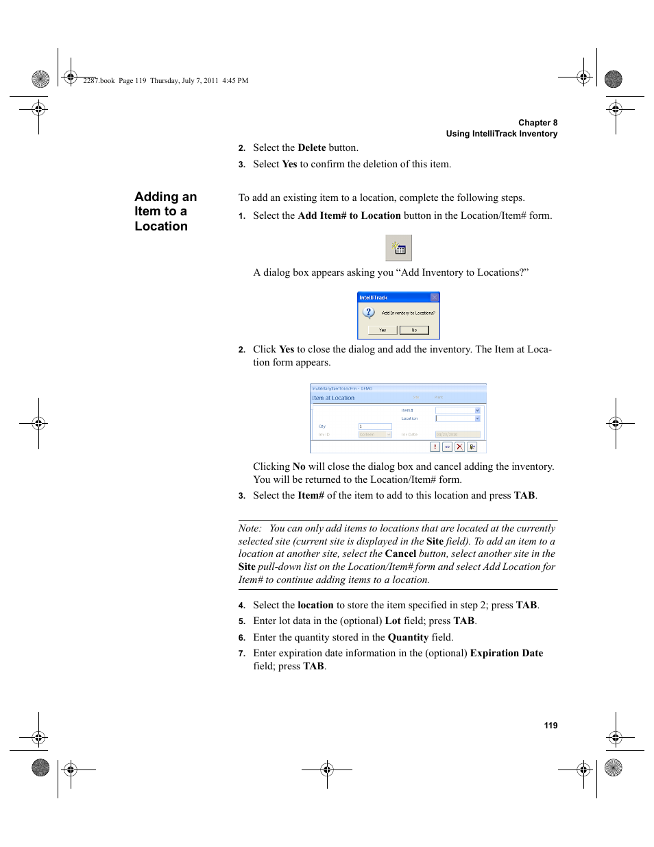 Adding an item to a location | IntelliTrack Inventory Management User Manual | Page 145 / 366