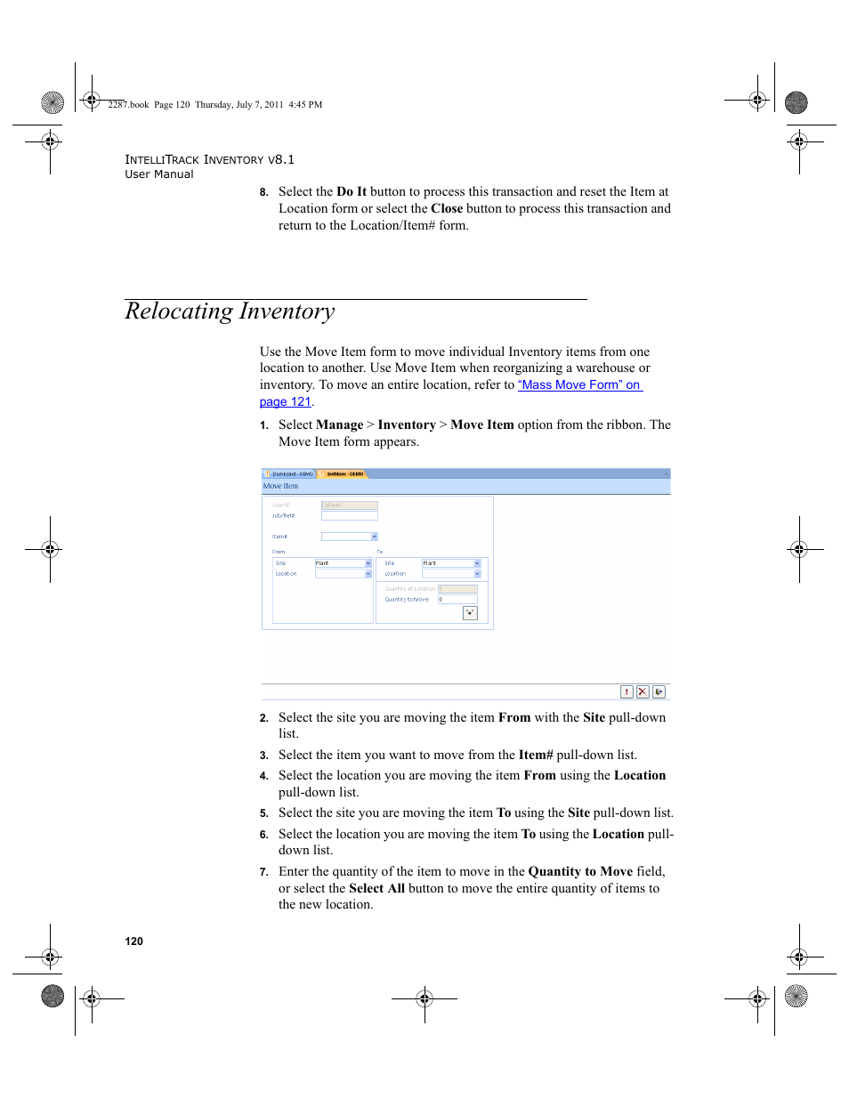 Relocating inventory | IntelliTrack Inventory Management User Manual | Page 146 / 366