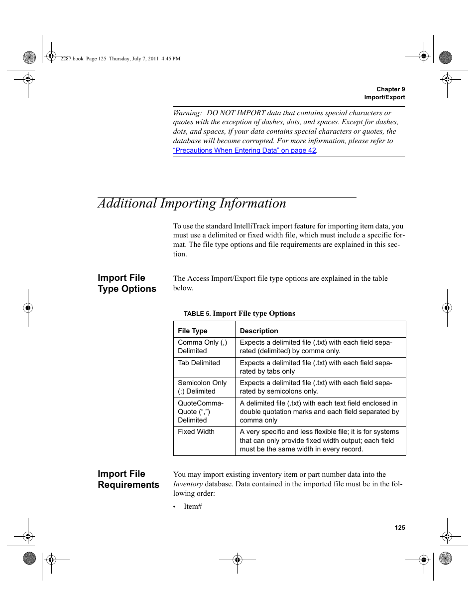 Additional importing information, Import file type options, Import file requirements | Import file type options import file requirements | IntelliTrack Inventory Management User Manual | Page 151 / 366