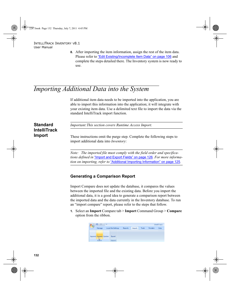Importing additional data into the system, Standard intellitrack import, Importing additional data into the system” on | IntelliTrack Inventory Management User Manual | Page 158 / 366