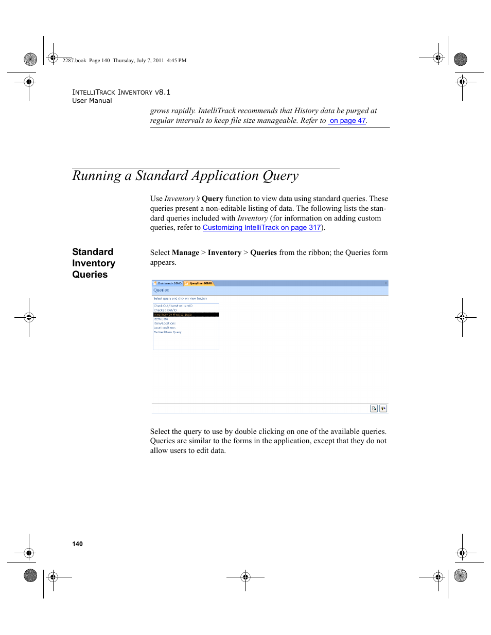 Running a standard application query, Standard inventory queries | IntelliTrack Inventory Management User Manual | Page 166 / 366