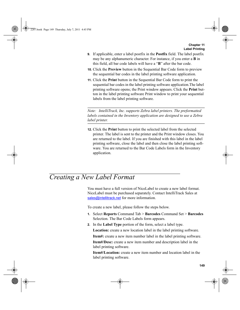 Creating a new label format | IntelliTrack Inventory Management User Manual | Page 175 / 366
