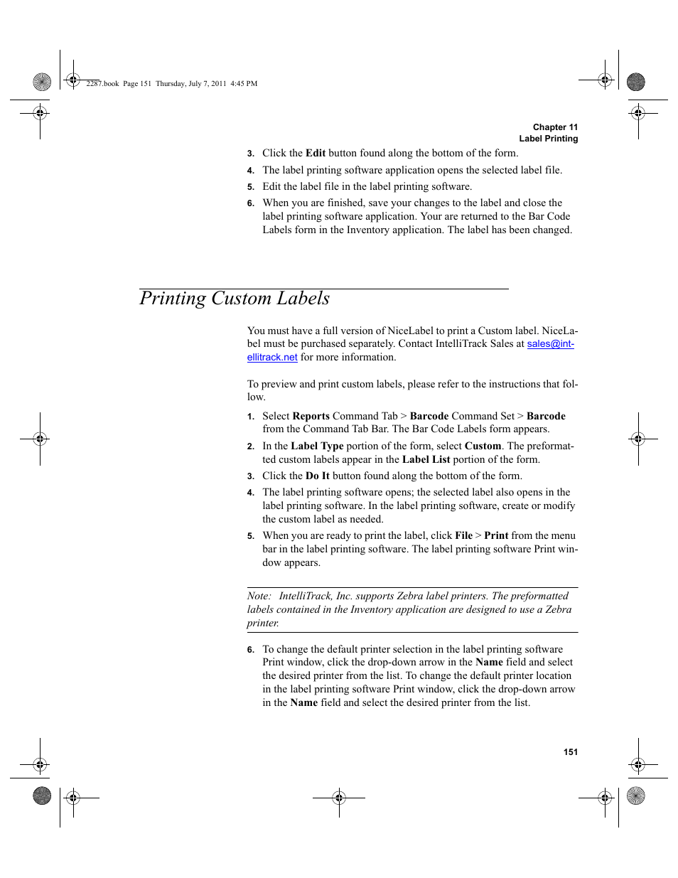 Printing custom labels | IntelliTrack Inventory Management User Manual | Page 177 / 366