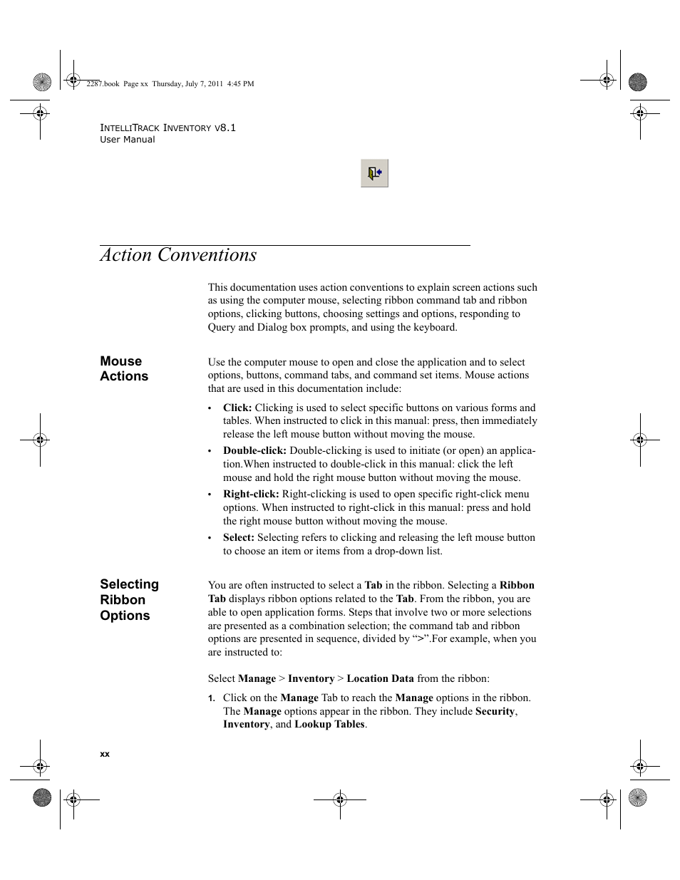 Action conventions, Mouse actions, Selecting ribbon options | IntelliTrack Inventory Management User Manual | Page 20 / 366