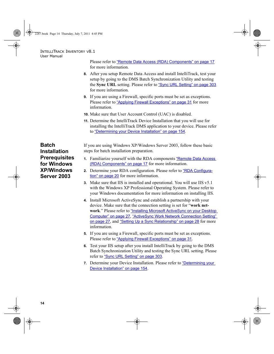 Batch installation prerequisites for windows xp, Windows server 2003, Please see | Batch installation | IntelliTrack Inventory Management User Manual | Page 40 / 366