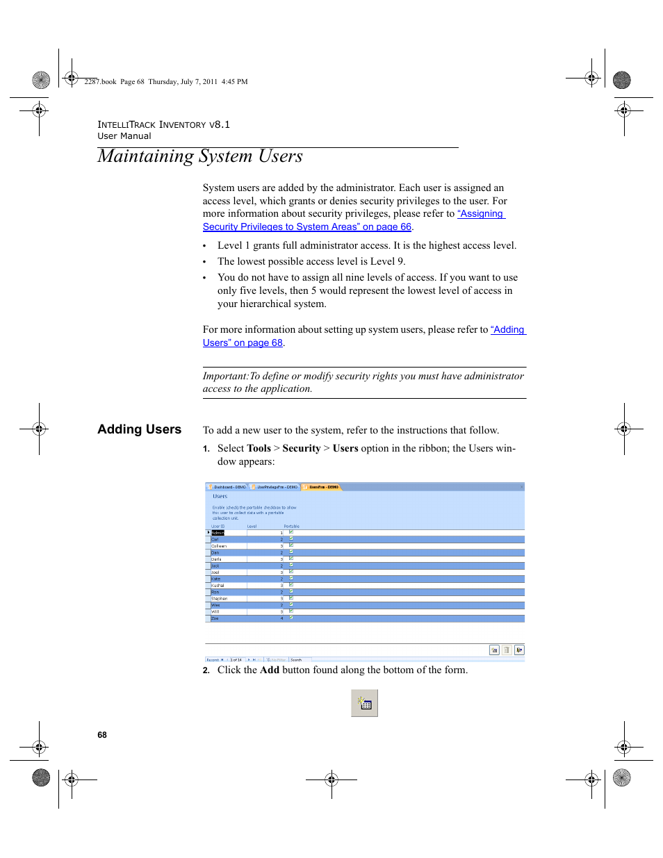 Maintaining system users, Adding users, E refer to | Main | IntelliTrack Inventory Management User Manual | Page 94 / 366