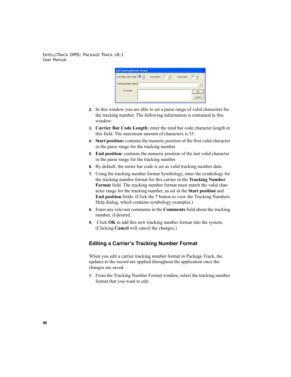Editing a carrier’s tracking number format | IntelliTrack Package Track User Manual | Page 110 / 296