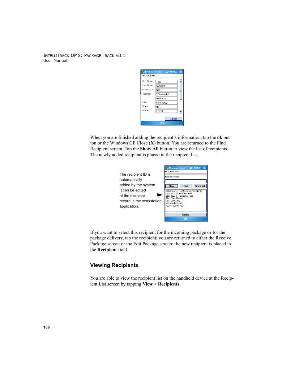 Viewing recipients, Recipient screen, refer to | IntelliTrack Package Track User Manual | Page 200 / 296