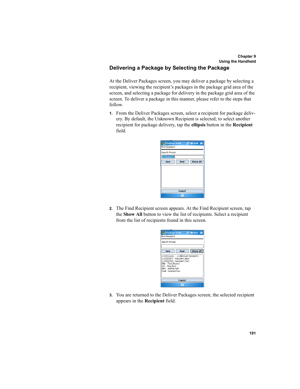 Delivering a package by selecting the package | IntelliTrack Package Track User Manual | Page 205 / 296