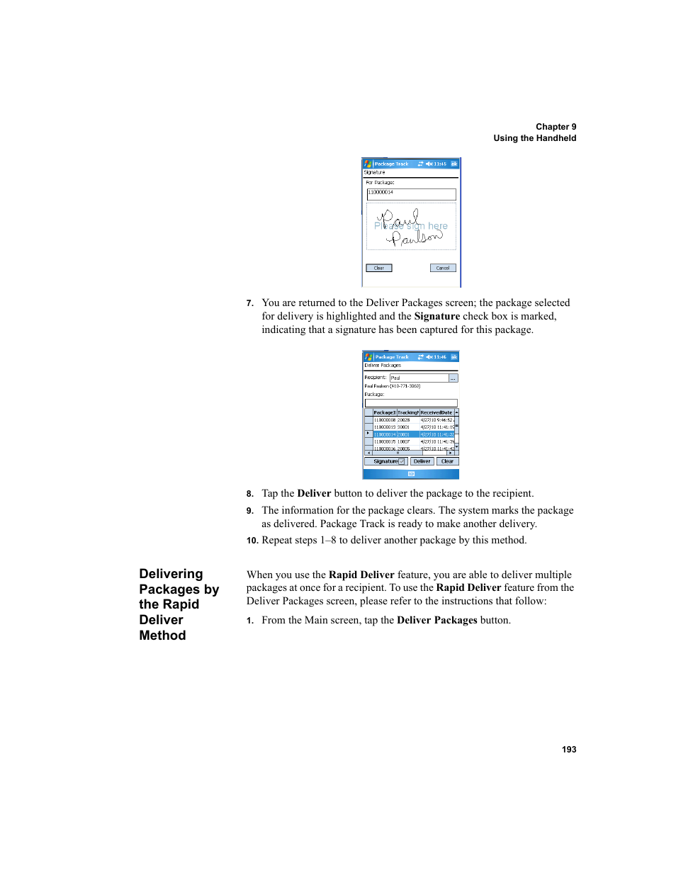 Delivering packages by the rapid deliver method | IntelliTrack Package Track User Manual | Page 207 / 296