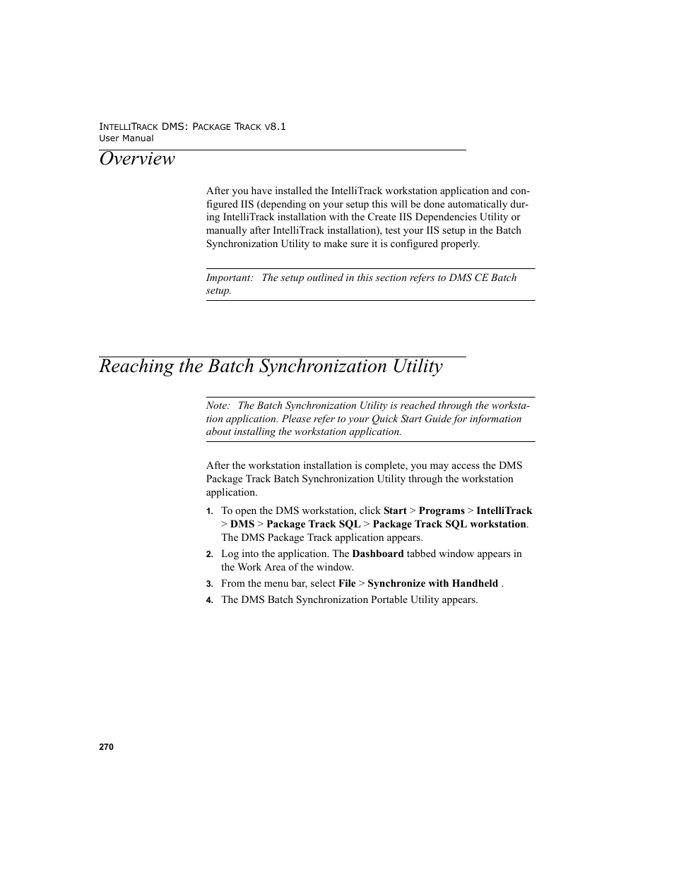 Overview, Reaching the batch synchronization utility | IntelliTrack Package Track User Manual | Page 284 / 296