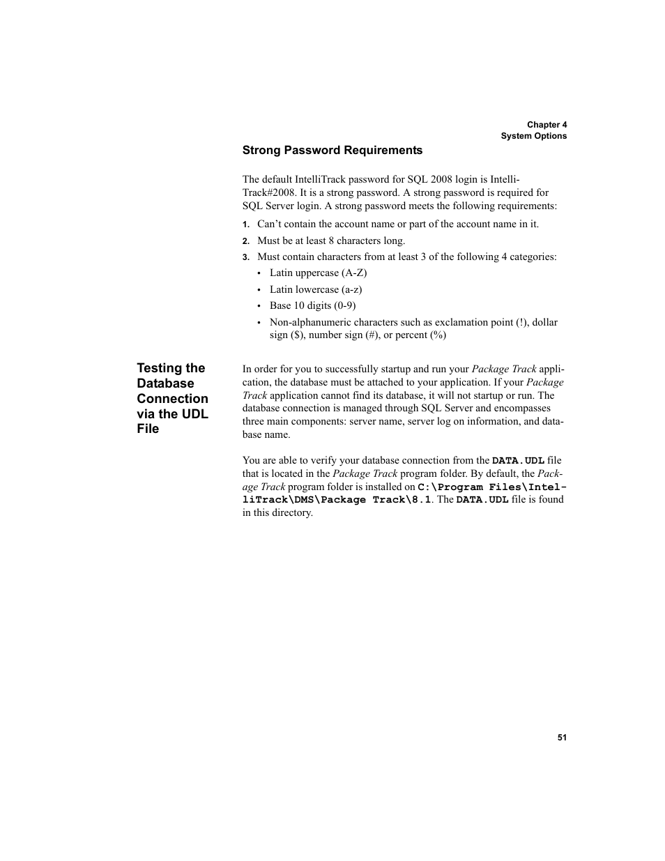 Testing the database connection via the udl file, Strong password requirements, Strong password | IntelliTrack Package Track User Manual | Page 65 / 296