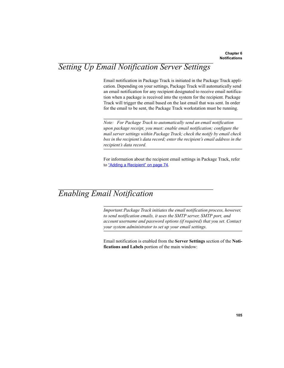Setting up email notification server settings, Enabling email notification, Setting up email notification server settings 105 | Enabling email notification 105 | IntelliTrack Package Track User Manual | Page 121 / 230