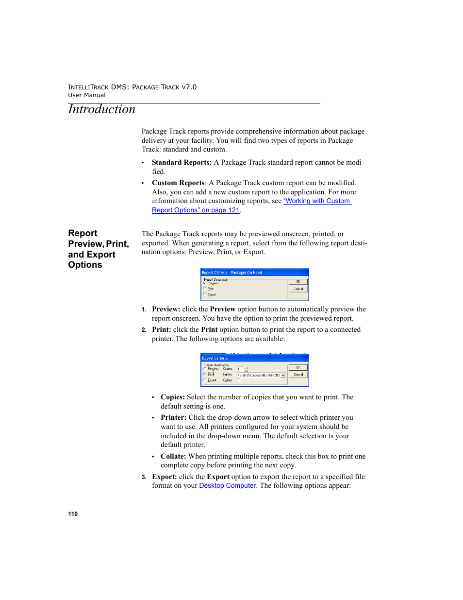 Introduction, Report preview, print, and export options, Options | Report preview, print, Introduction 110, Report preview, print, and export options 110 | IntelliTrack Package Track User Manual | Page 126 / 230