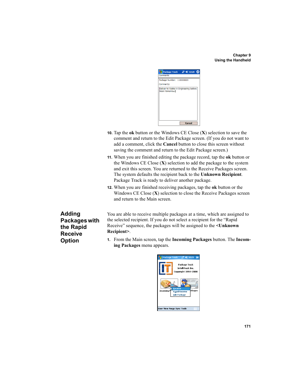 Adding packages with the rapid receive option | IntelliTrack Package Track User Manual | Page 187 / 230