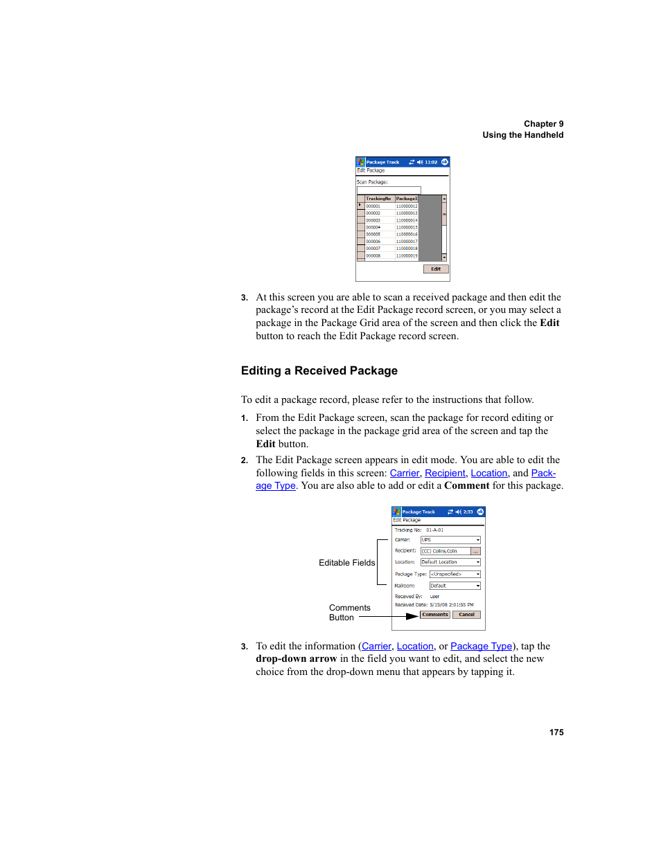 Editing a received package | IntelliTrack Package Track User Manual | Page 191 / 230