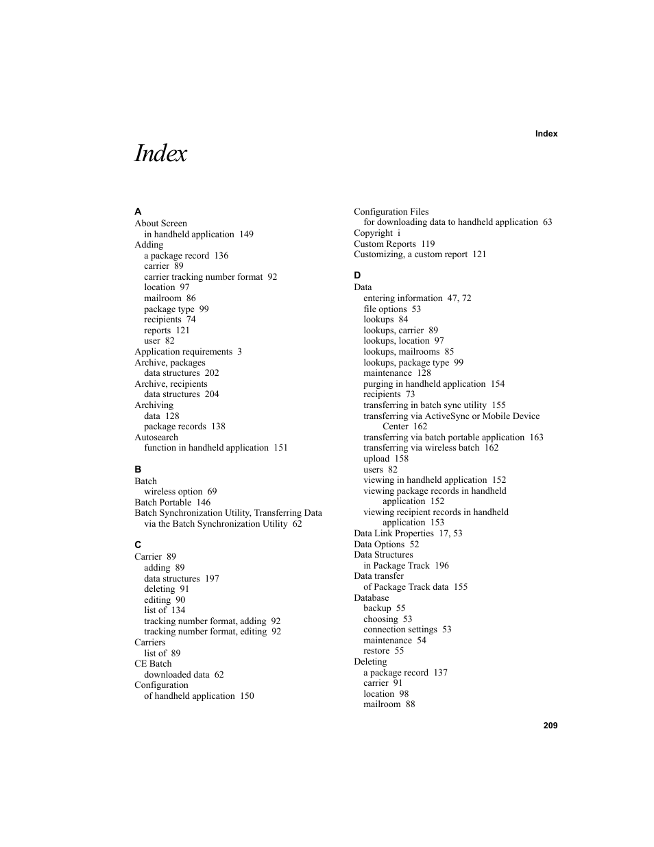 Index | IntelliTrack Package Track User Manual | Page 225 / 230