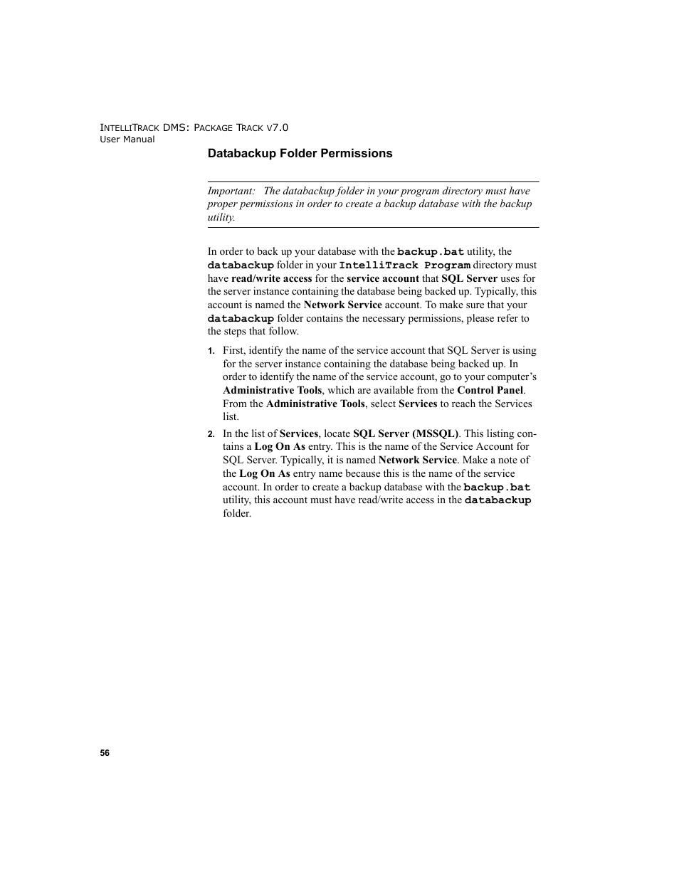 Databackup, Databackup folder permissions | IntelliTrack Package Track User Manual | Page 72 / 230