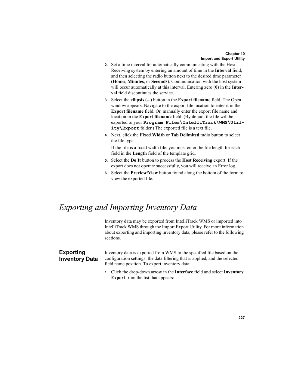 Exporting and importing inventory data, Exporting inventory data | IntelliTrack WMS – Warehouse Management System User Manual | Page 253 / 466
