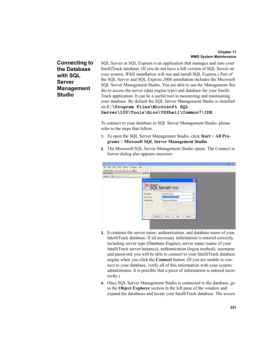 Connecting to the database with sql server, Management studio | IntelliTrack WMS – Warehouse Management System User Manual | Page 277 / 466
