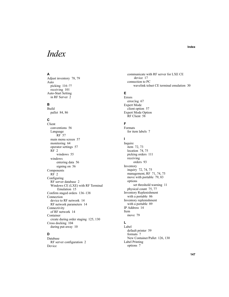 Index | IntelliTrack WMS – Warehouse Management System User Manual | Page 157 / 160
