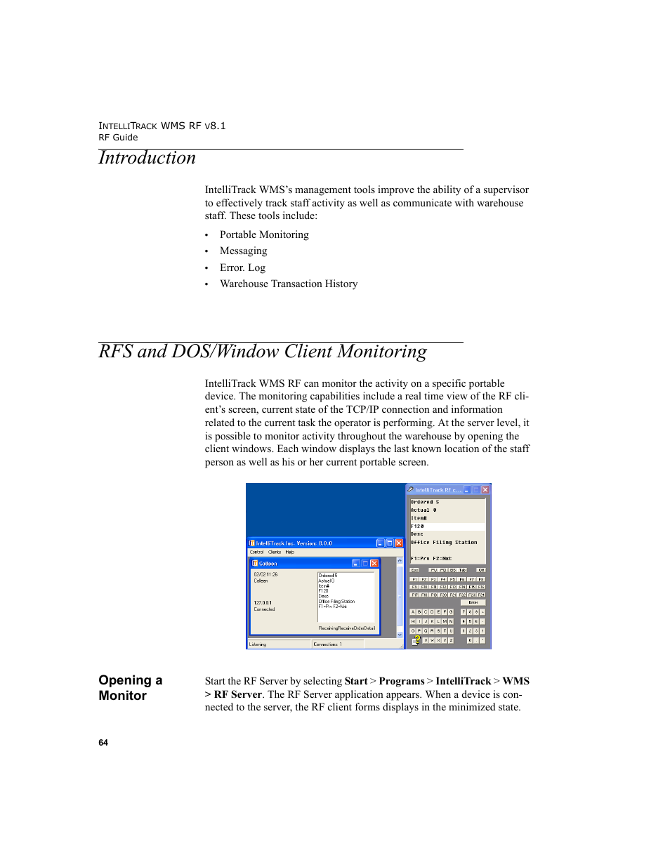 Introduction, Rfs and dos/window client monitoring, Opening a monitor | Introduction rfs and dos/window client monitoring | IntelliTrack WMS – Warehouse Management System User Manual | Page 74 / 160