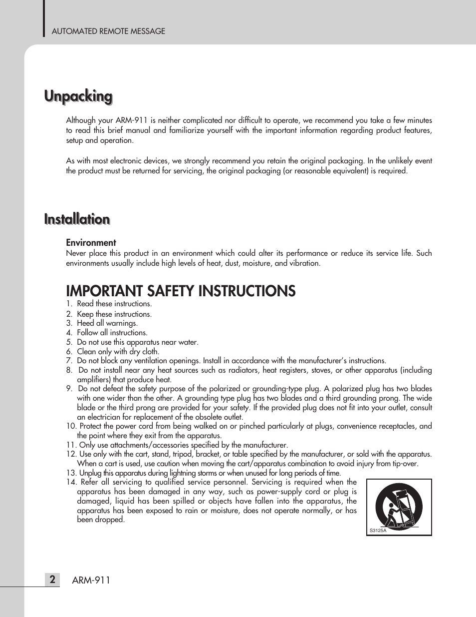 Unpacking, Important safety instructions, Installation | Inter-M ARM-911 User Manual | Page 5 / 32