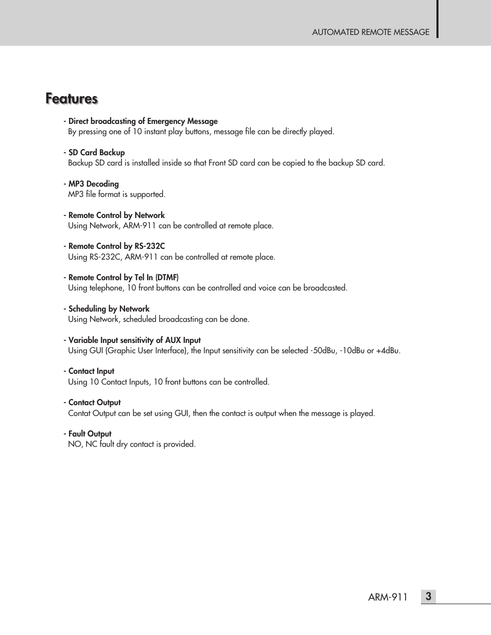Features | Inter-M ARM-911 User Manual | Page 6 / 32