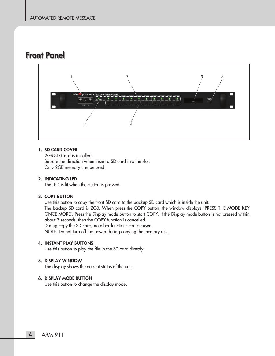 Front panel | Inter-M ARM-911 User Manual | Page 7 / 32