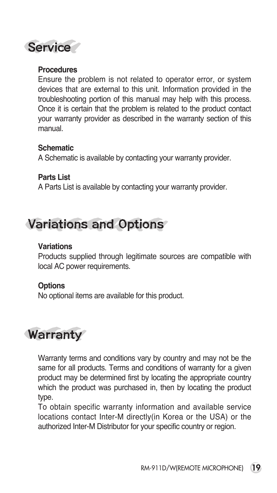 Service, Warranty, Variationsandoptions | Inter-M RM-911D User Manual | Page 24 / 27